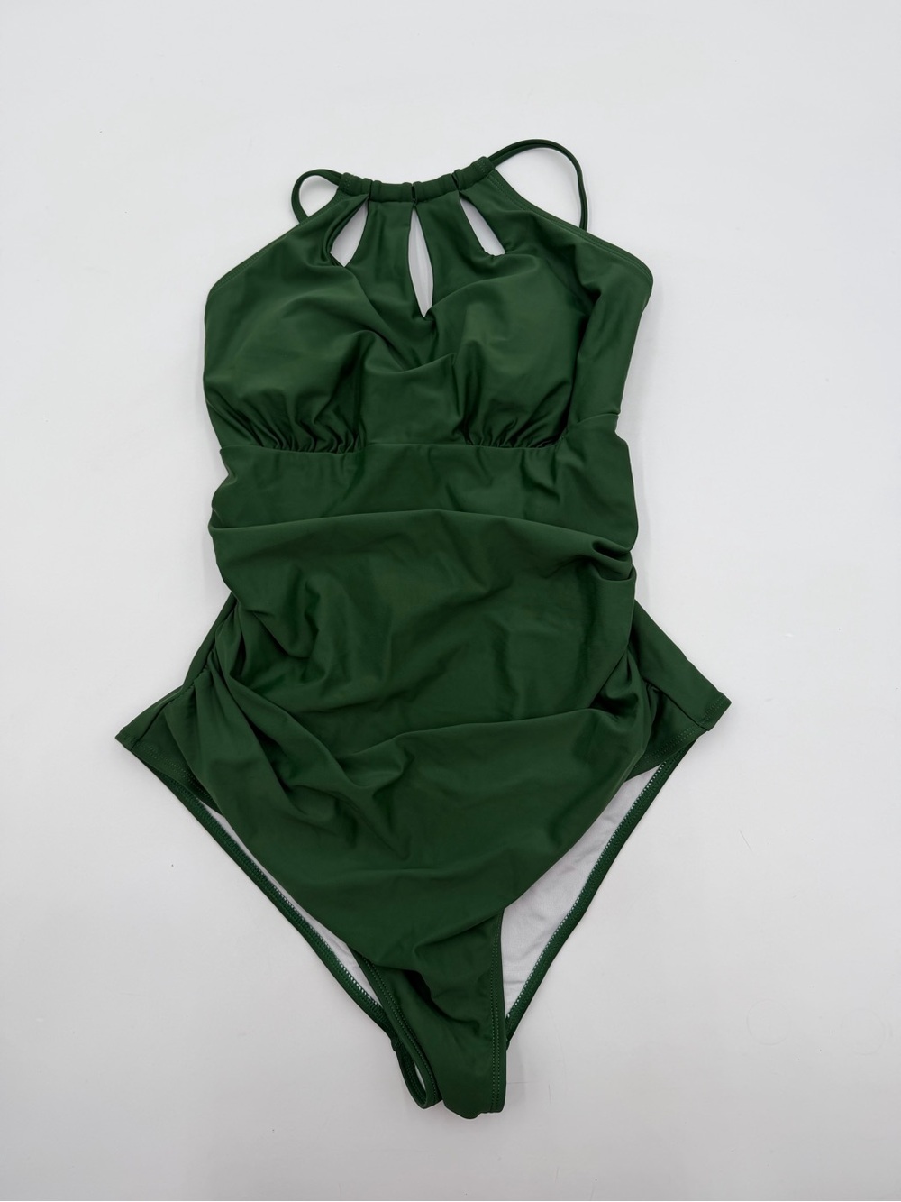 CUPSHE Green High Neck Cutout Ruching Tie Back Tummy Control Swimsuit - Picture 2 of 10